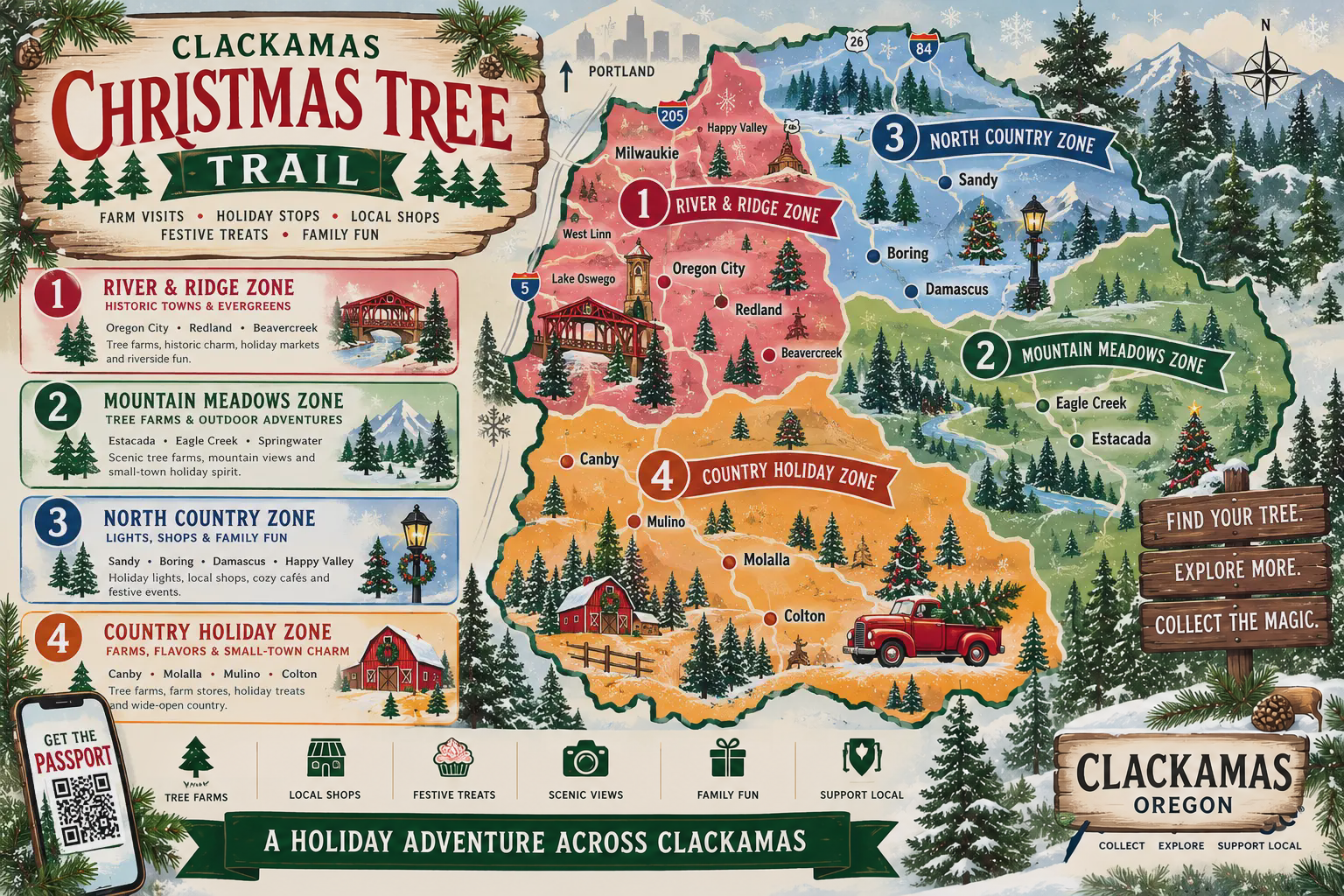 Clackamas Christmas Tree Trail map poster with four holiday zones